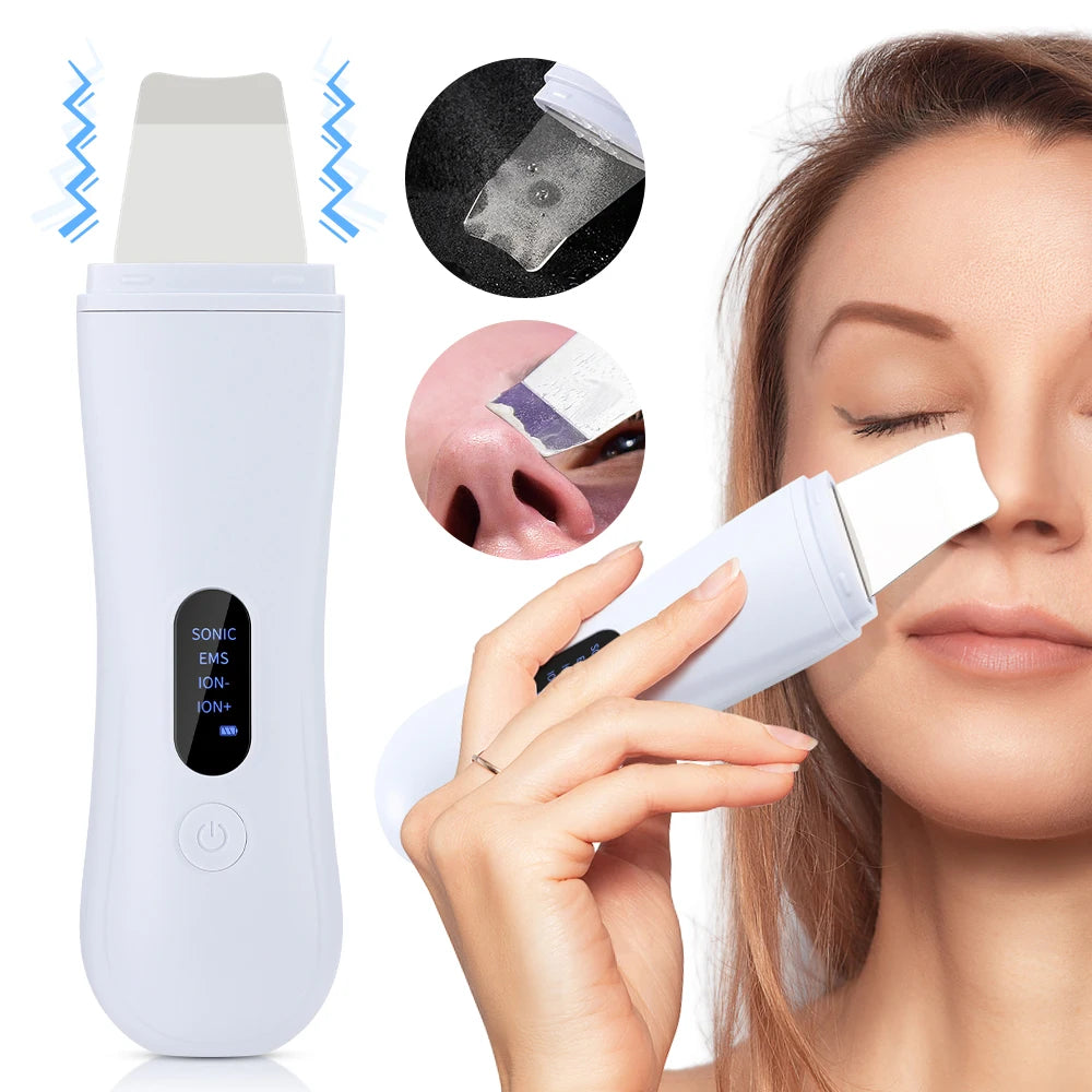 Woman using the Skinova Ultrasonic Skin Spatula on her nose